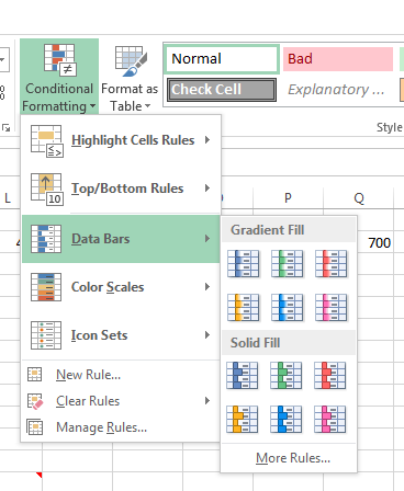 The Conditional Formatting options: Data Bars