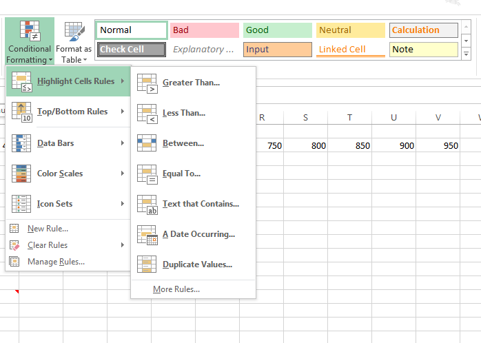 The Conditional Formatting options: Highlight cell rules