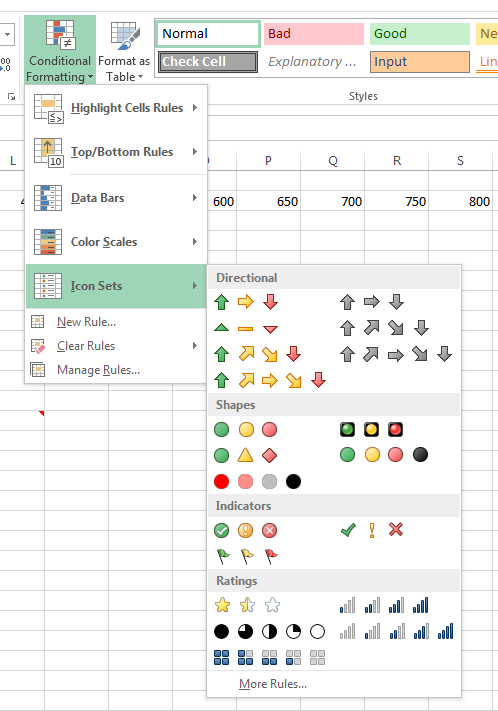 The Conditional Formatting options: Icon Sets