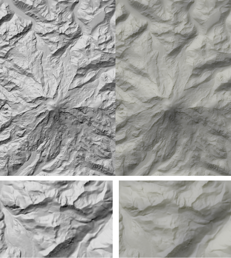 Combined fine and course scale relief with different colour temperatures for Mt Rainier