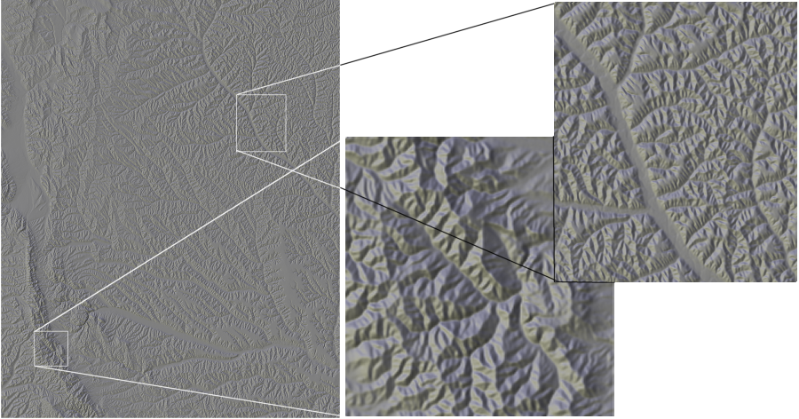 Larger scale sections of the Loess DEM with 30 degree diverging light sources.