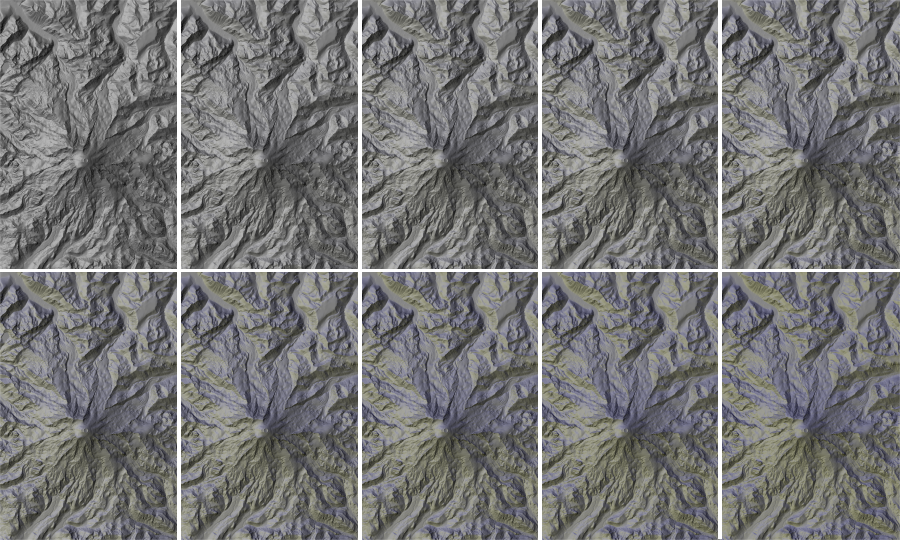 Diverging warm and cold lighting for Mt Rainier DEM