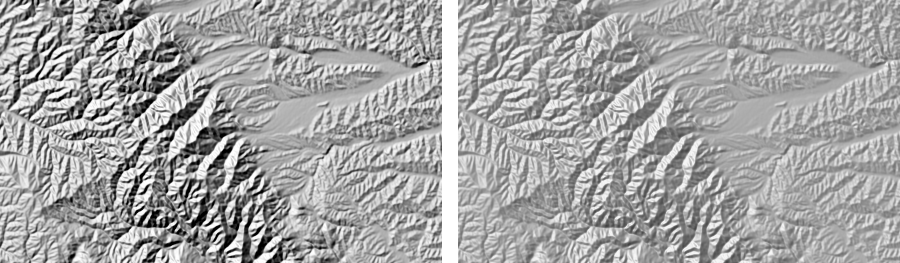 Comparison of Lambertian and Phong illumination of Loess Plateau DEM