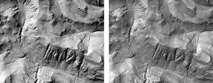 Comparison of Lambertian and Phong illumination of Mt Rainier DEM