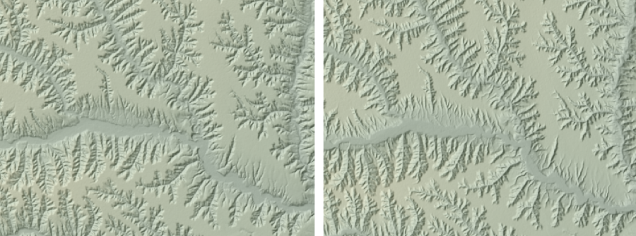 Loess plateau with illumination from (a) NW; (b) SE.