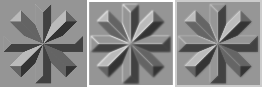 Combining relief images for Imhof snowflake: (a) 3x3 window; (b)53x53; (c) combined 3 and 53 image