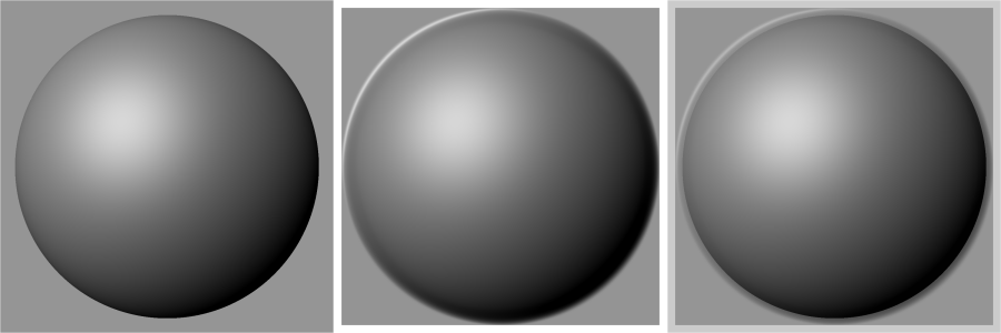 Combining relief images for sphere object: (a) 3x3 window; (b)53x53; (c) combined 3 and 53 image