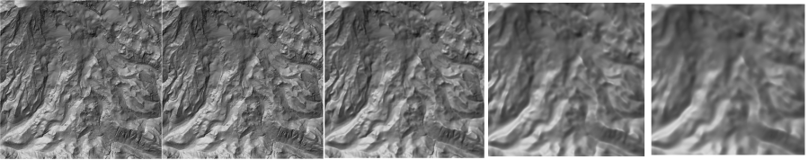 Phong relief for Mt Rainier calculated at window sizes of 3, 5, 15, 35, 53 cells