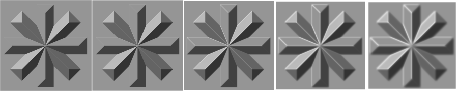 Phong relief for Imhof snowflake object calculated at window sizes of 3, 5, 15, 35, 53 cells