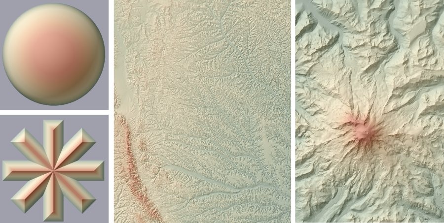 Four test surfaces (a) Hemisphere; (b) Snowflake; (c) Loess plateau; (d) Mt Rainier