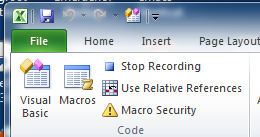 The Macro commands in the Developer tab while recording