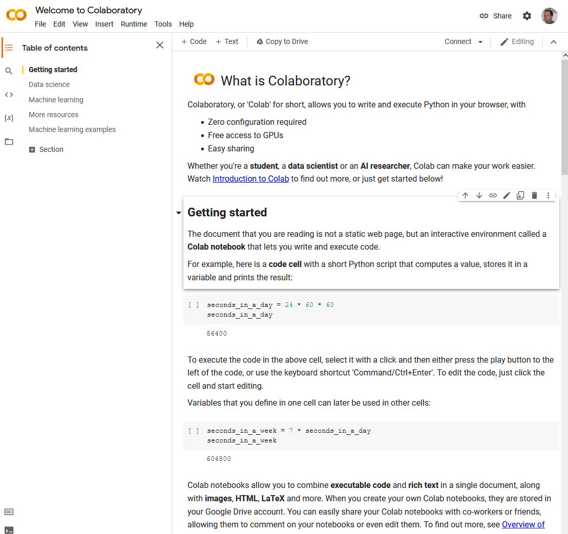 The initial view of Google Colab