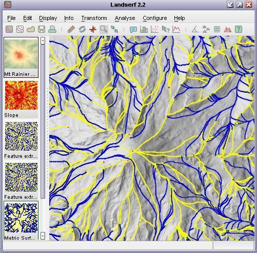 Vector surface feature network draped over a DEM