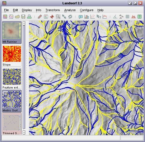 Vector surface feature network draped over a DEM