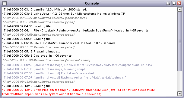 LandSerf console output