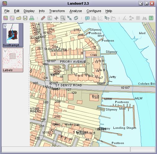 Vector map with points, lines, polygons and text labels