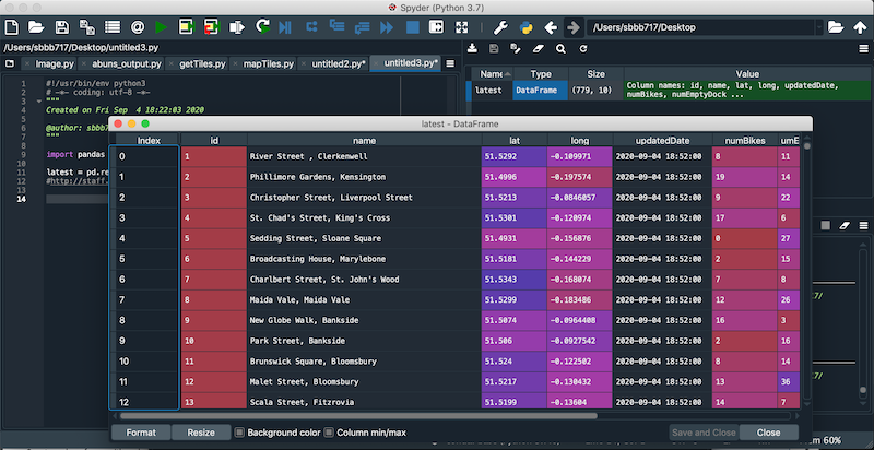 The DataFrame in the variable explorer
