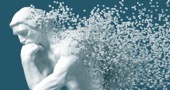 A white statue with a splash of white cubes

Description automatically generated